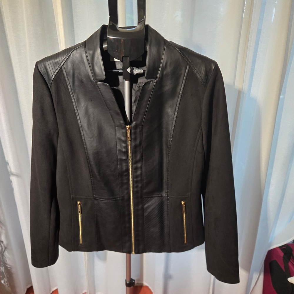 Kenneth Cole New York Black Faux Leather Jacket Full Zip Gold Tone Zipper Sz XL